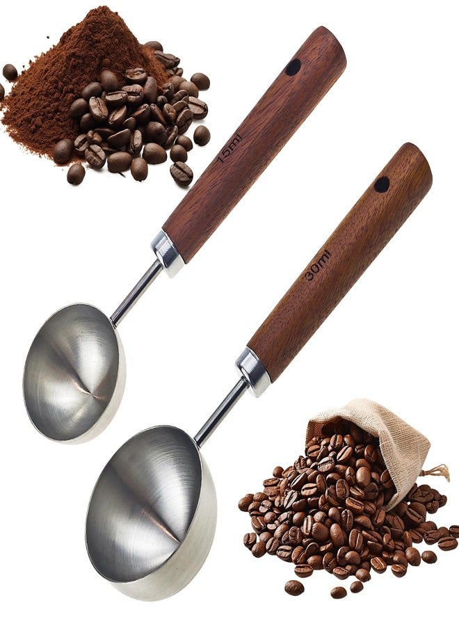 Arvintas 2PCS Vintage Coffee Scoop, Retro Stainless Steel Coffee Spoon Long Wooden Handle Coffee Scoop Kitchen Utensil for Measuring Scooping Tea Coffee Spices (15ml+30ml) - Image 1