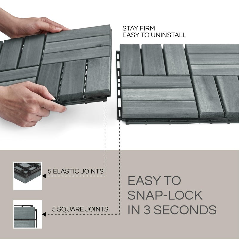 THYOI 10 Pcs Premium Deck Tiles, Patio Flooring - Outdoor Waterproof Acacia Wood Tiles for All Weather Use - Balcony, Backyard, Indoor & Outdoor (Grey Crossed Pattern, 10 Square Ft) - Image 5