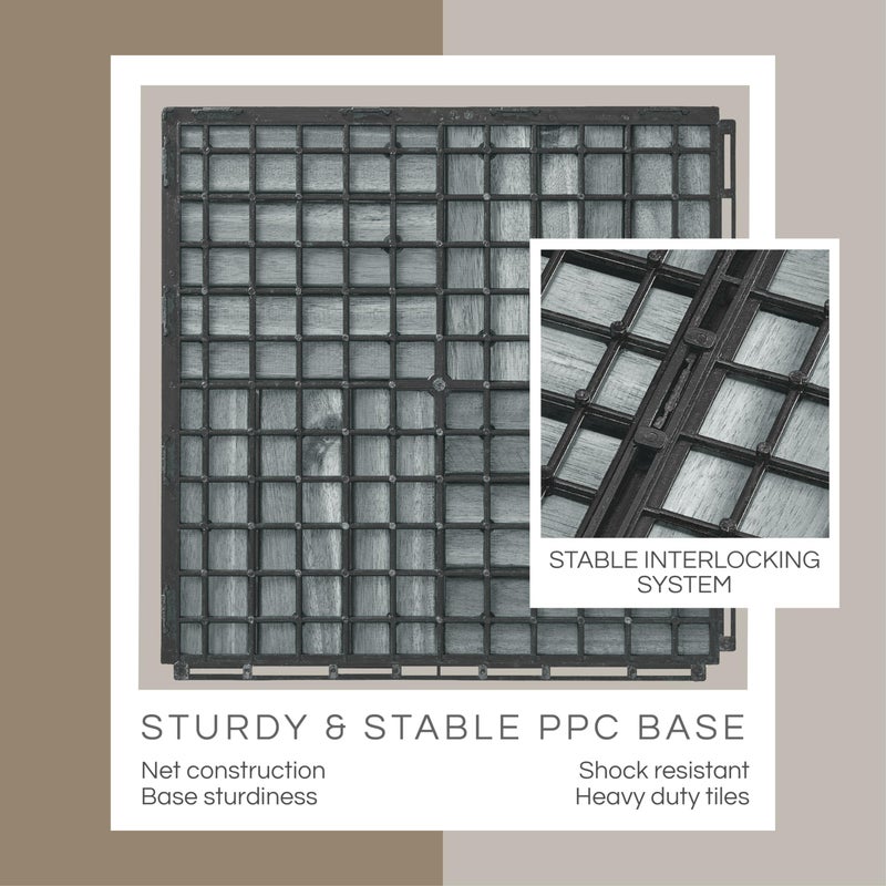 THYOI 10 Pcs Premium Deck Tiles, Patio Flooring - Outdoor Waterproof Acacia Wood Tiles for All Weather Use - Balcony, Backyard, Indoor & Outdoor (Grey Crossed Pattern, 10 Square Ft) - Image 3