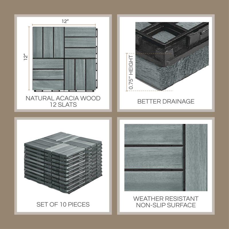 THYOI 10 Pcs Premium Deck Tiles, Patio Flooring - Outdoor Waterproof Acacia Wood Tiles for All Weather Use - Balcony, Backyard, Indoor & Outdoor (Grey Crossed Pattern, 10 Square Ft) - Image 2