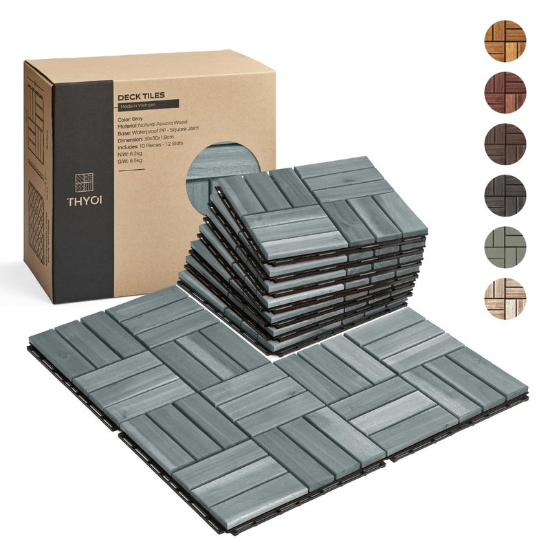 THYOI 10 Pcs Premium Deck Tiles, Patio Flooring - Outdoor Waterproof Acacia Wood Tiles for All Weather Use - Balcony, Backyard, Indoor & Outdoor (Grey Crossed Pattern, 10 Square Ft) - Image 1
