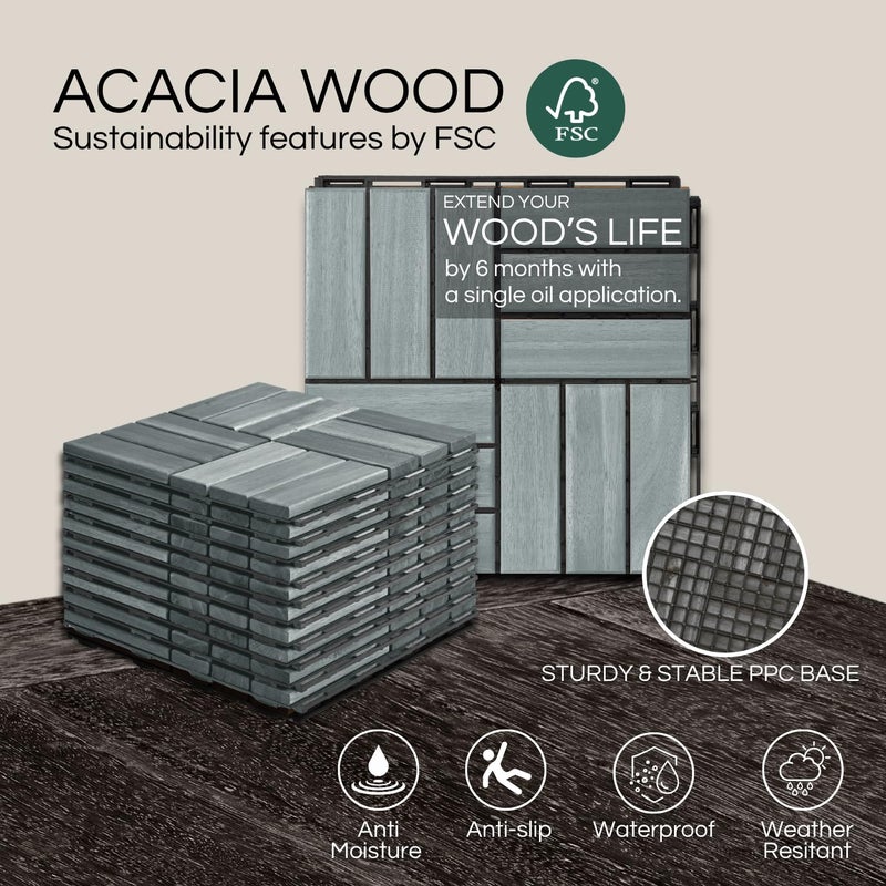THYOI 10 Pcs Premium Deck Tiles, Patio Flooring - Outdoor Waterproof Acacia Wood Tiles for All Weather Use - Balcony, Backyard, Indoor & Outdoor (Grey Crossed Pattern, 10 Square Ft) - Image 4