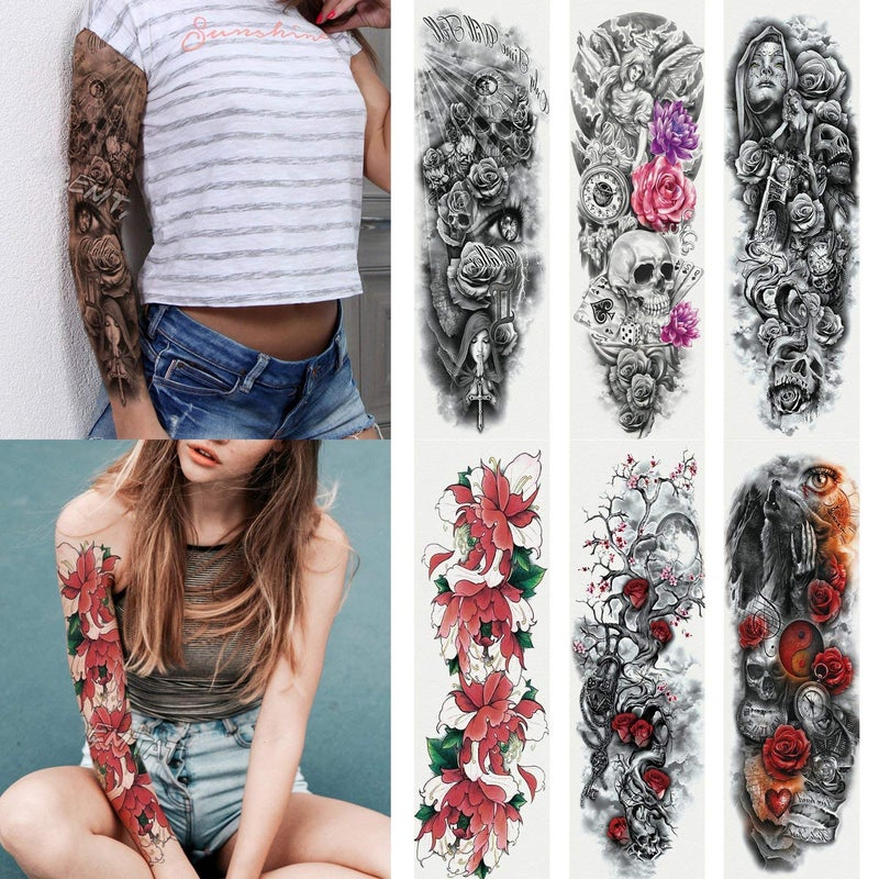 Kotbs 6 Sheets Full Arm Temporary Tattoo, Waterproof Extra Large Black Skull Rose Temporary Tattoos for Men and Women, Adults Body Art Tattoo Sticker Fake Tattoo