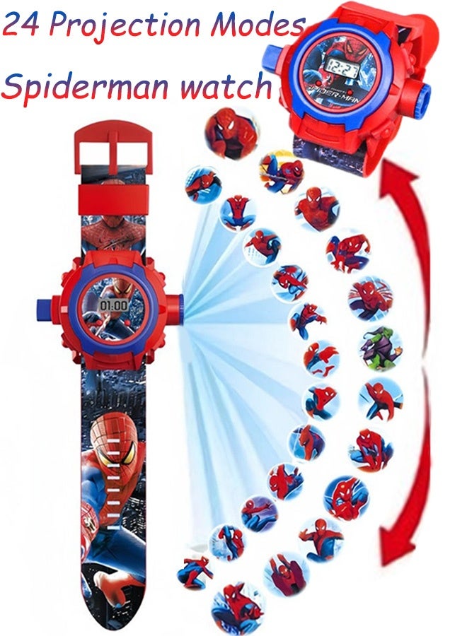 سبايدر مان 24 وضع عرض ساعة مارفل سبايدرمان للأطفال ساعة لعب LCD مضيئة تصميم أحمر وأزرق علبة متينة حزام سيليكون قابل للتعديل للأولاد والبنات ملابس غير رسمية هدايا الحفلات هدايا الأعياد اللعب اليومي استخدام المدرسة - Image 1