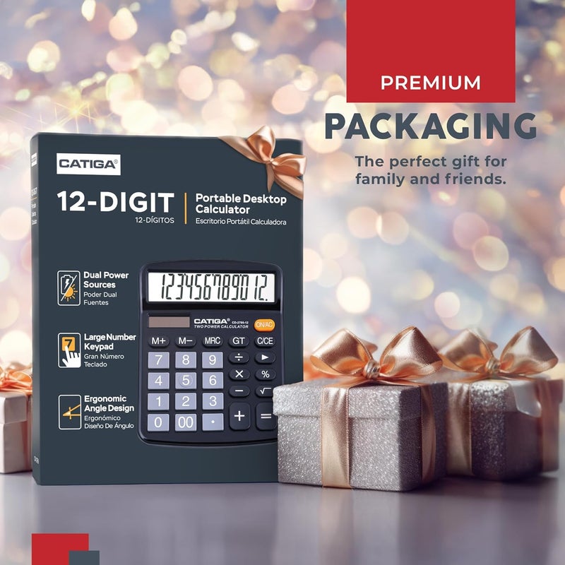 CATIGA 12 Digits Desktop Calculator with Large LCD Display and Sensitive Button, Dual Solar Power and Battery, Standard Function for Office, Home, School, CD-2786 - Image 2