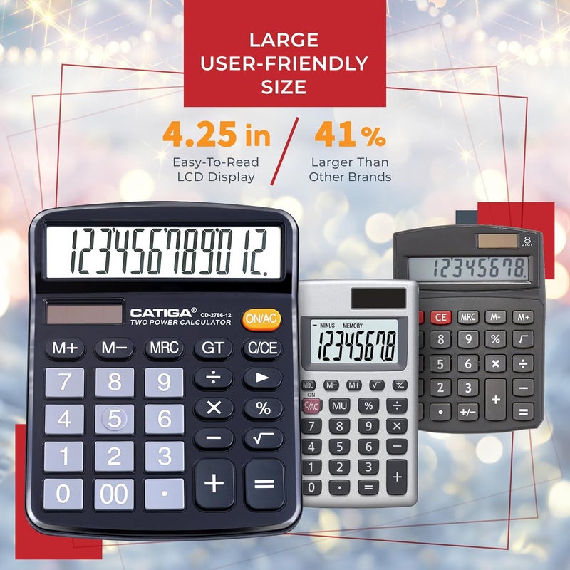 CATIGA 12 Digits Desktop Calculator with Large LCD Display and Sensitive Button, Dual Solar Power and Battery, Standard Function for Office, Home, School, CD-2786 - Image 3