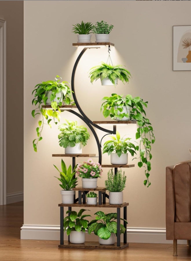 JCB CHIC حامل نباتات داخلي مزود بإضاءة، رف تخزين خشبي من 8 طبقات، رف عرض متعدد، حامل زهور قائم على الأرض، حامل نباتات زاوية معدني لعدة نباتات، حامل عرض زهور لغرفة المعيشة، الشرفة، الفناء، الحديقة - Image 1