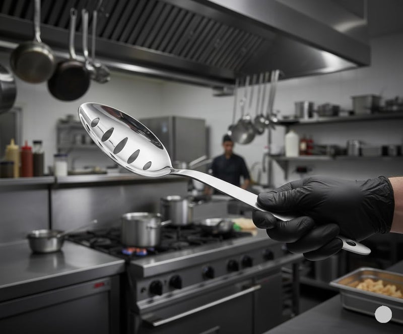 BNAZIND Chef Kunz Slotted Spoon | 9 Inch 18/10 Stainless Steel Silver Chef Cooking Spoons | Basting, Quenelle, Plating Spoon for Draining and Serving, Dishwasher Safe (Slotted) - Image 4