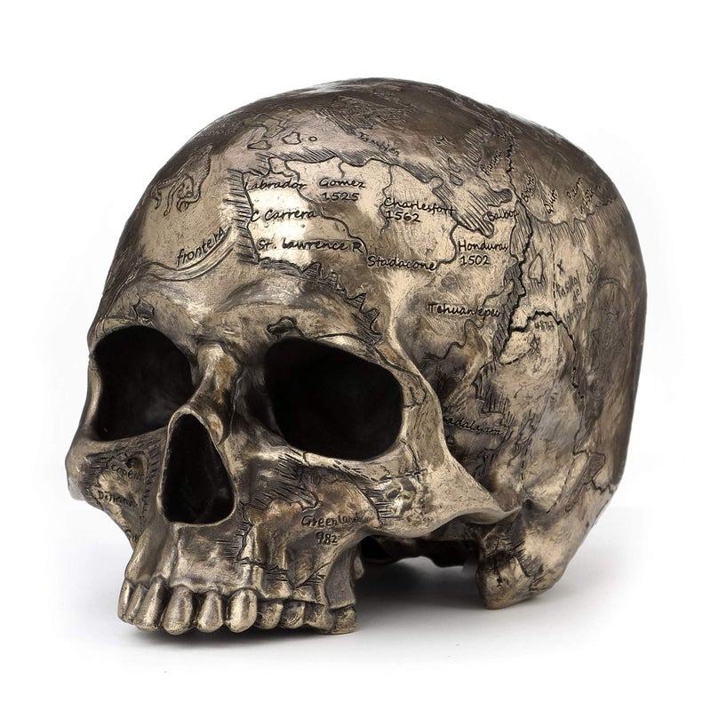 Veronese Design Bronze Finish Craniumography Old Treasure Map On Skull Statue - Image 1