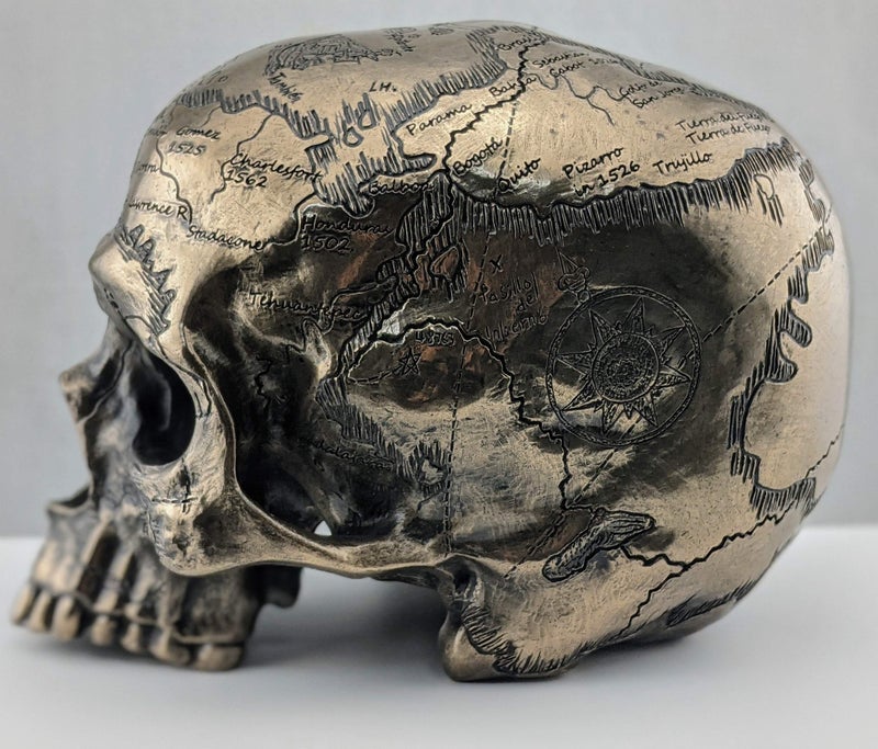 Veronese Design Bronze Finish Craniumography Old Treasure Map On Skull Statue - Image 4