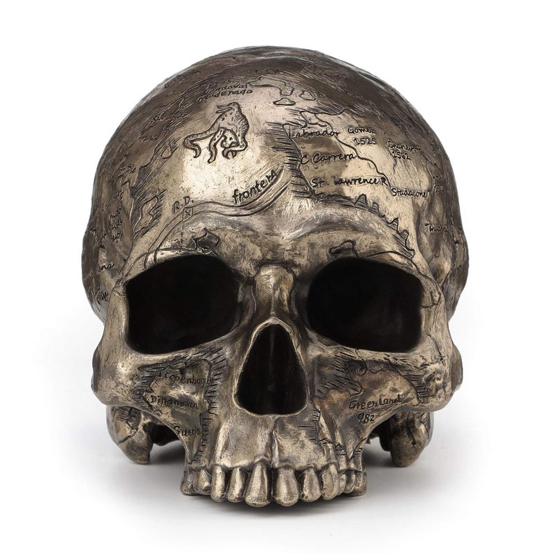 Veronese Design Bronze Finish Craniumography Old Treasure Map On Skull Statue - Image 2