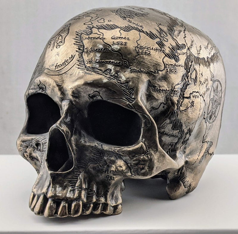 Veronese Design Bronze Finish Craniumography Old Treasure Map On Skull Statue - Image 3