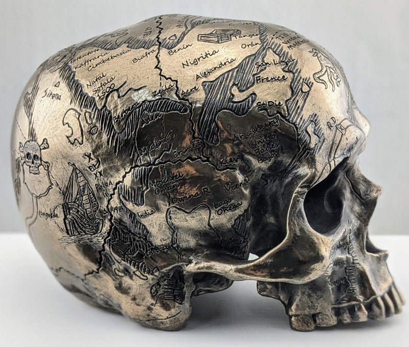 Veronese Design Bronze Finish Craniumography Old Treasure Map On Skull Statue - Image 5