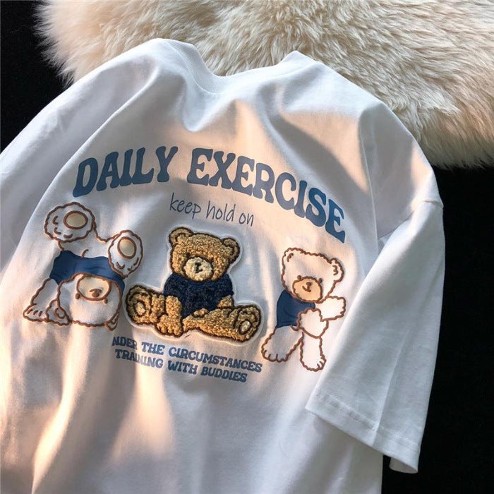 8677# Cotton Bag Collar Flocking Printing Towel Embroidered Milk Department Cute Bear Design Sense Short Sleeve T-Shirt Round Neck White
