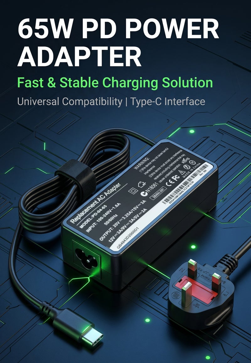 65W USB Type-C Power Adapter for Lenovo, Dell, Samsung, HP Chromebooks & USB-C Laptops, AC Charger with Overcurrent and Overvoltage Protection - Image 1