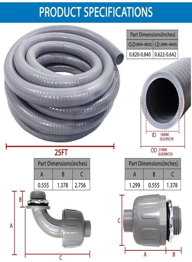 Ansgery Liquid-Tight Conduit and Connector Kit 1/2 Inch 25 Ft, Flexible Non Metallic Liquid Tight Electrical Conduit UL Certification, Electrical Conduit Kit with 5 Straight, 3 Angle Fittings - Image 2