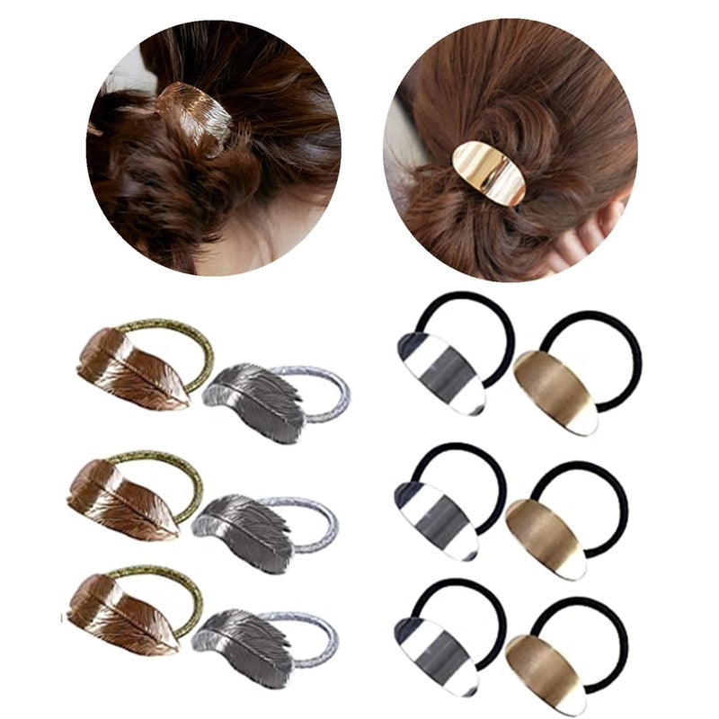12 Pack Metal Leaf Hair Band Rope Elastic Hair Ties Hair Cuff Wrap Ponytail Holder 2 Styles Gold and Silver