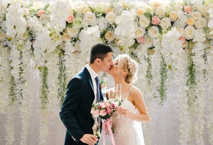 Mocsicka Wedding Flower Backdrop Wall Floral Bridal Shower Backdrops For Photoshoot Wedding Decoration For Reception White Rose Floral Photography Background Banner(7X5Ft) - Image 3