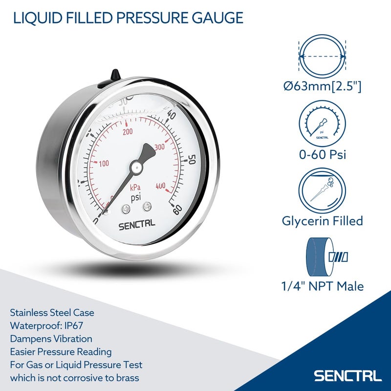 senctrl 0-60 Psi Glycerin Liquid Filled Low Pressure Gauge, 2.5" Dial Size, 1/4" NPT Back Mount, Stainless Steel Case, for Pool Sand Filter Pump Tire Water Oil Air Pressure Test - Image 2