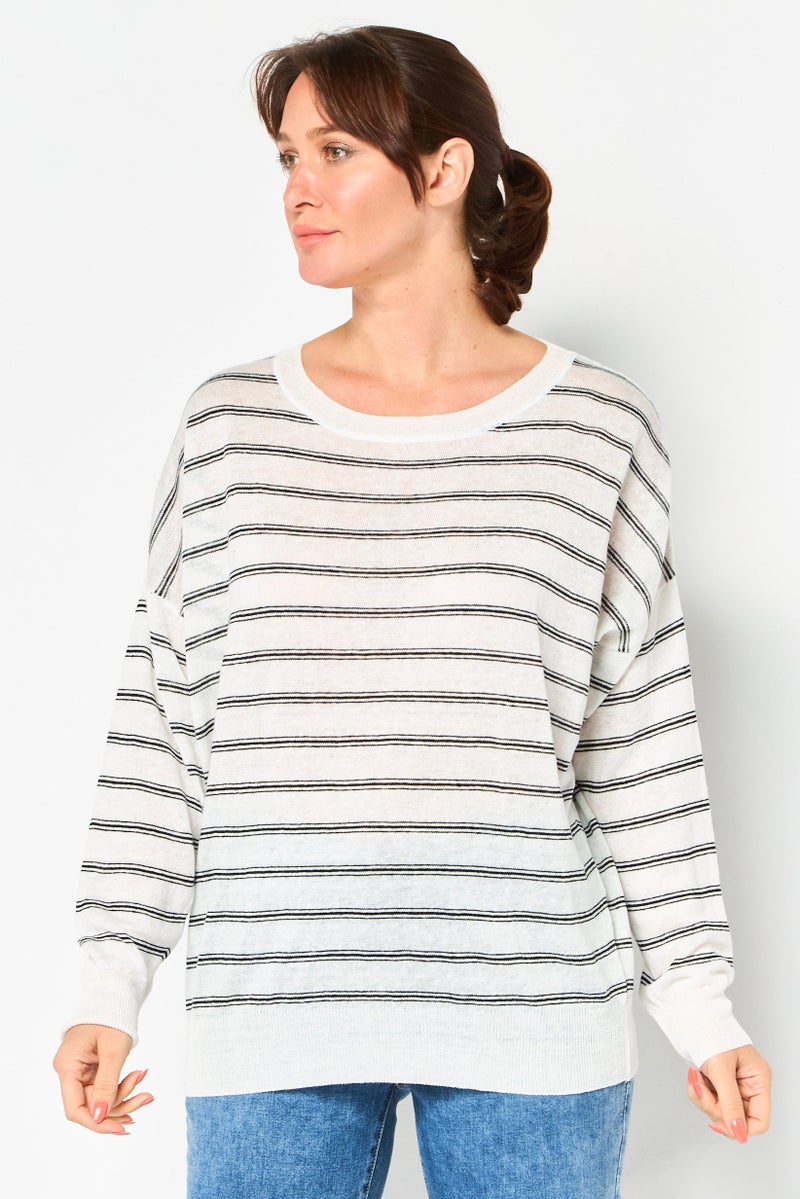 LACOSTE Women Crew Neck Stripe Sweater, Multicolor - Image 1