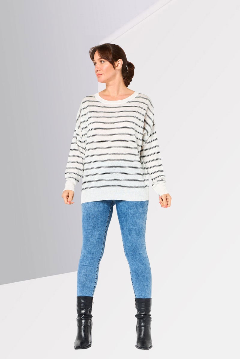 LACOSTE Women Crew Neck Stripe Sweater, Multicolor - Image 3