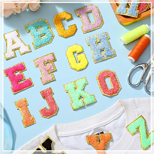 Yilloog 156 Pcs Glitter Self Adhesive Letters Chenille Clothing Patches Embroidered Repair Fuzzy Patches Alphabet Gold Trimmed Preppy Clothing Badges Sewing Appliques(Multicolor Style) - Image 2