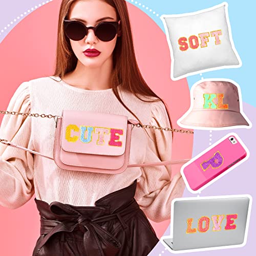 Yilloog 156 Pcs Glitter Self Adhesive Letters Chenille Clothing Patches Embroidered Repair Fuzzy Patches Alphabet Gold Trimmed Preppy Clothing Badges Sewing Appliques(Multicolor Style) - Image 4