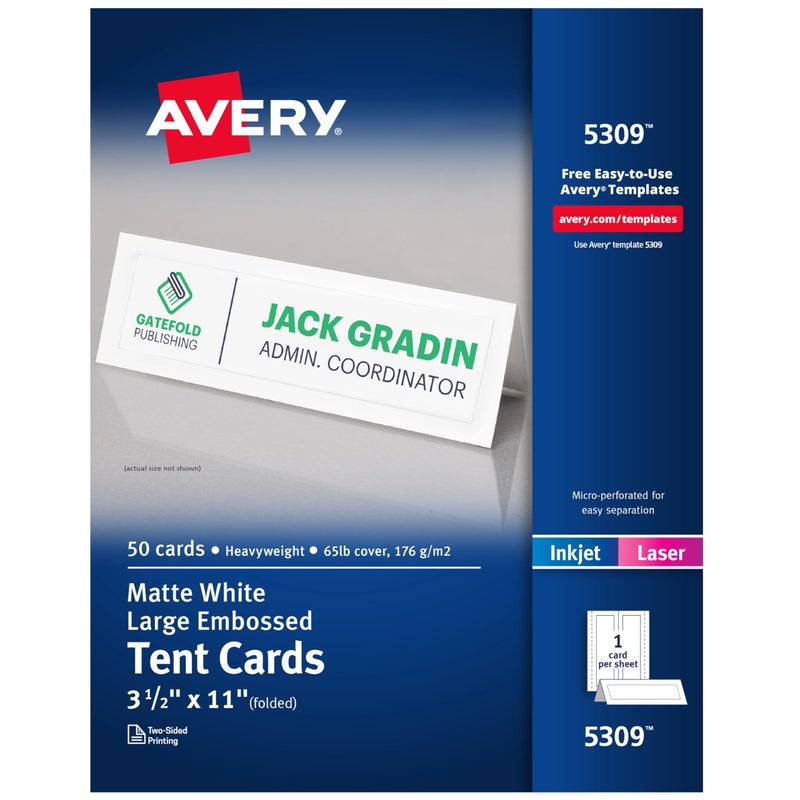 Avery Printable Tent Cards 35 x 11 White with Embossed Border 50 Blank Place Cards for Laser and Inkjet Printers 5309