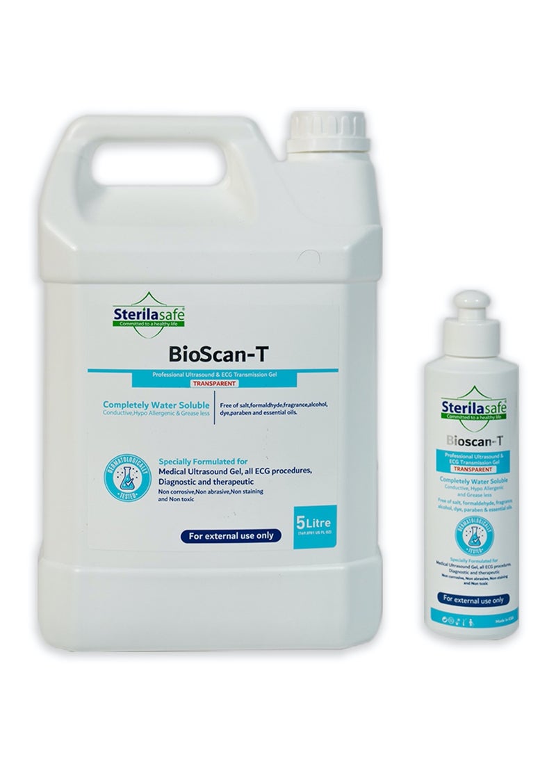 Sterilasafe Sterilasafe BioScan-T Professional ECG Medical Ultrasound Transmission gel, Transparent Gel,for Beauty Application, Gel for Therapeutic Medical,5 Litre with 250 ml Free Refill Bottle  - Image 1