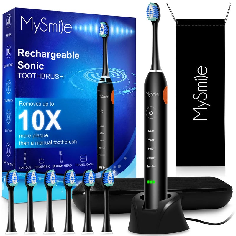 MySmile Electric Toothbrush for Adults, Rechargeable Sonic Electronic Toothbrush with 6 Brush Heads and Travel Case, 2 Mins 5 Modes Smart Timer, 48000VPM (Black) - Image 1