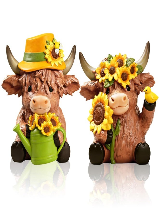 Exasinine 2 Pcs Sunflower Highland Cow Figurine, Cute Highland Cow Decor for Desk Shelf Home Kitchen Office Decor, Spring Farm Animal Decoration Gift - Image 1