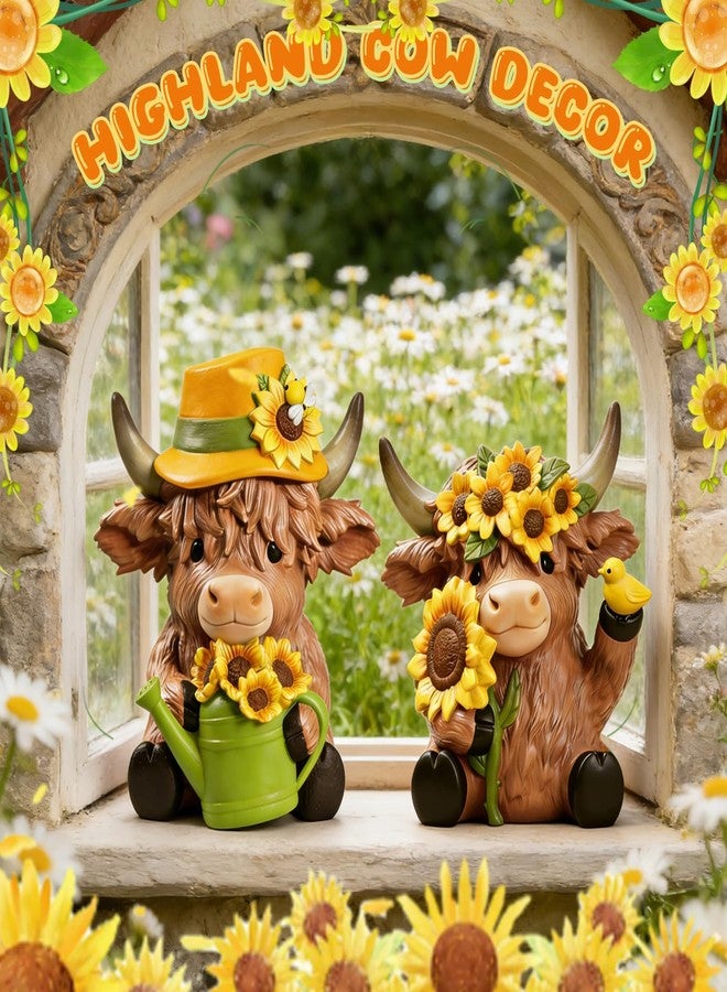 Exasinine 2 Pcs Sunflower Highland Cow Figurine, Cute Highland Cow Decor for Desk Shelf Home Kitchen Office Decor, Spring Farm Animal Decoration Gift - Image 4