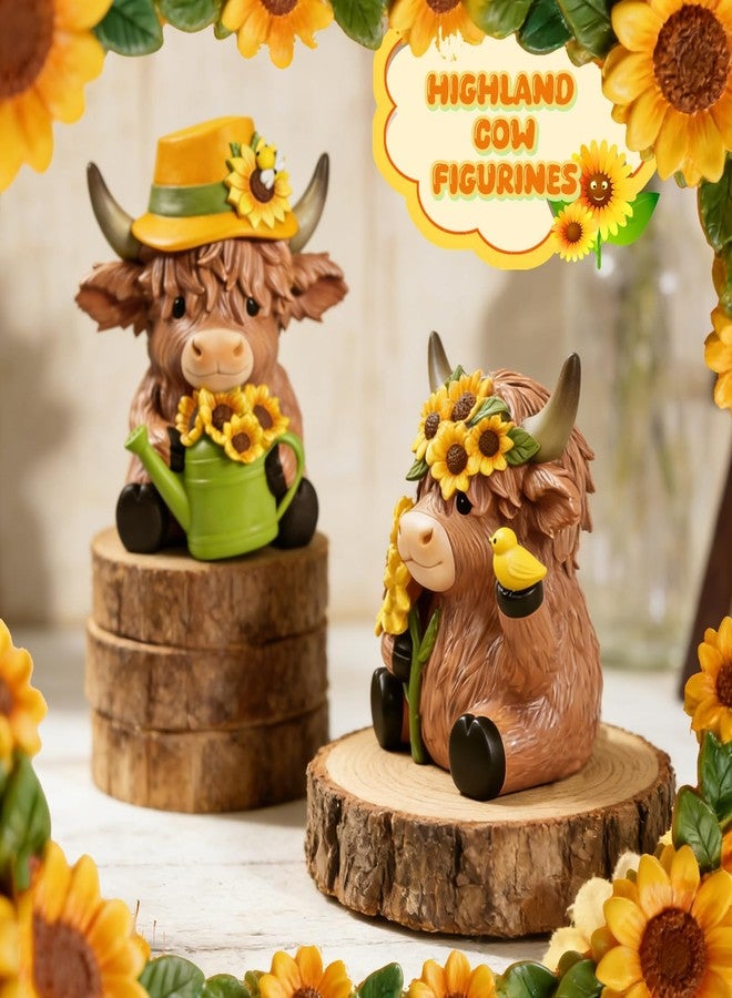 Exasinine 2 Pcs Sunflower Highland Cow Figurine, Cute Highland Cow Decor for Desk Shelf Home Kitchen Office Decor, Spring Farm Animal Decoration Gift - Image 5