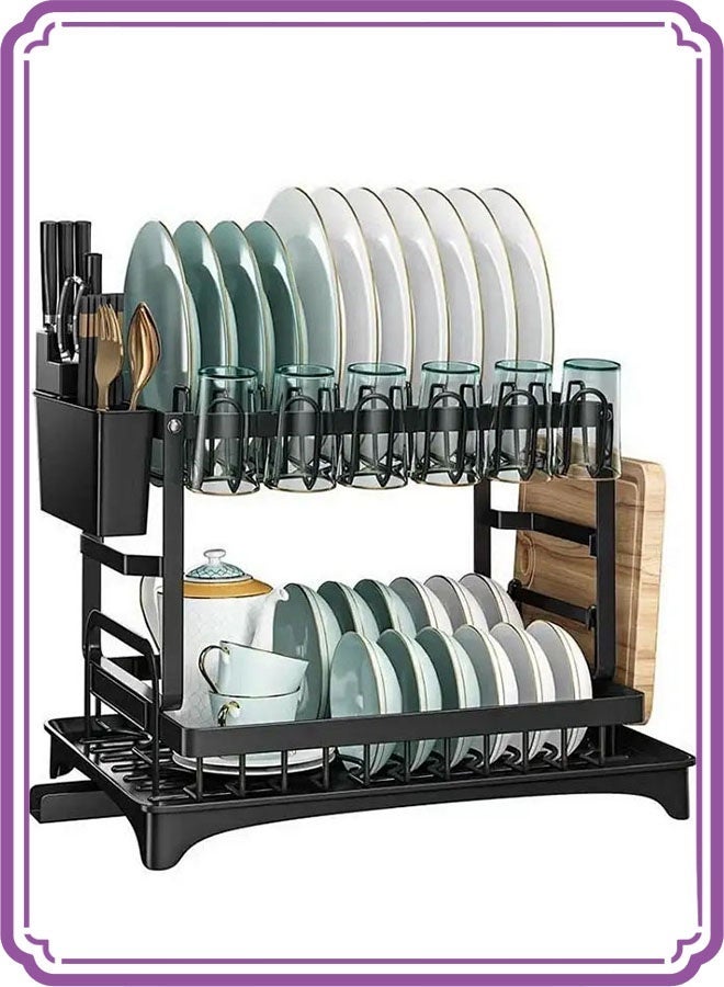 APEX Double-layer kitchen dish drain rack | Carbon steel rust-proof cutlery storage rack with knife cup rack and cutting board rack | Rotatable drain port | Foldable design,50 pounds load-bearing, large-capacity storage rack - Image 1