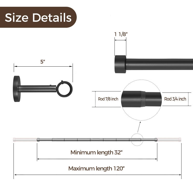 TWOPAGES Adjustable Curtain Rod, Heavy Duty Curtain Rod Set with Brackets and Rings, 1 Inch Diameter Wall Mounted Drapery Rod 28 to 140 Inch Length, Black - Image 5
