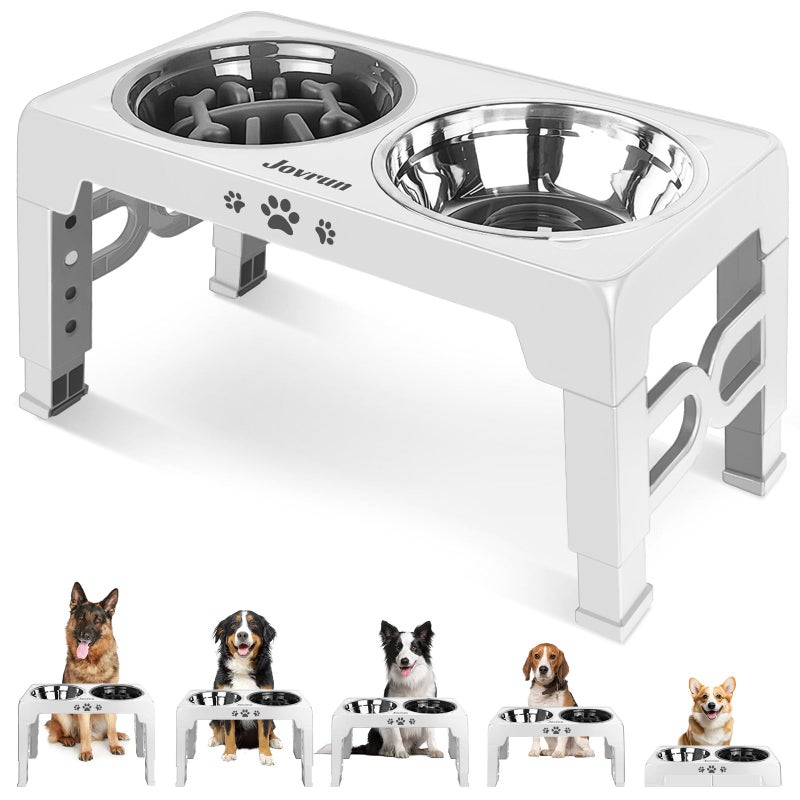 Jovrun Elevated Dog Bowls for Medium Large Size Dogs, Non-Slip Dog Feeder with 1*Stainless Steel Dishes & 1*Slow Feeder Bowl, 5 Heights Adjustable Raised Bowls to 3.15â€³-8.66â€³-9.84â€³-11.02â€³-12.2â€³ - Image 1