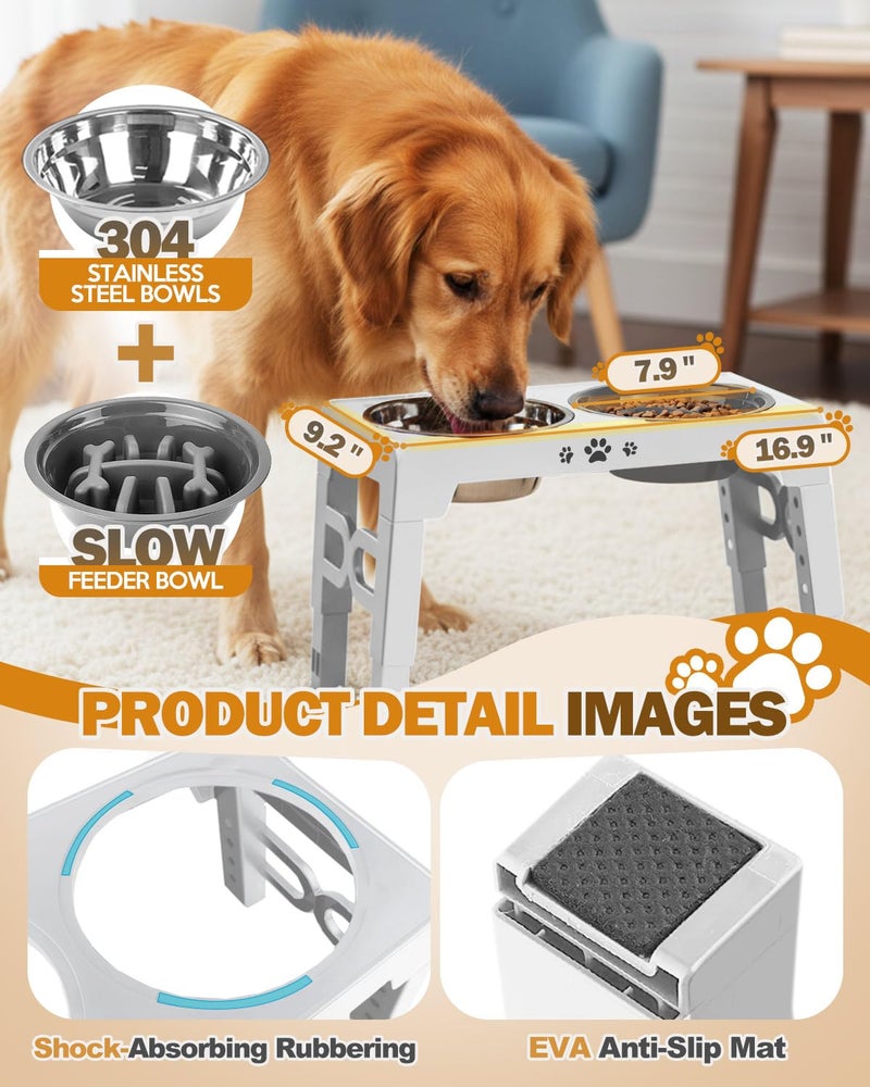 Jovrun Elevated Dog Bowls for Medium Large Size Dogs, Non-Slip Dog Feeder with 1*Stainless Steel Dishes & 1*Slow Feeder Bowl, 5 Heights Adjustable Raised Bowls to 3.15â€³-8.66â€³-9.84â€³-11.02â€³-12.2â€³ - Image 4