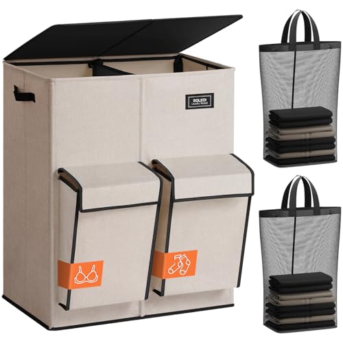 SOLEDI Double Laundry Hamper with Lid, 47.8 Gal (180L) Large Laundr Basket 2 Section with 2 Side Pockets, Dirty Clothes Hamper with Removable Bag, Easy to Carry for Laundry Room, Bedroom, Light taupe - Image 1