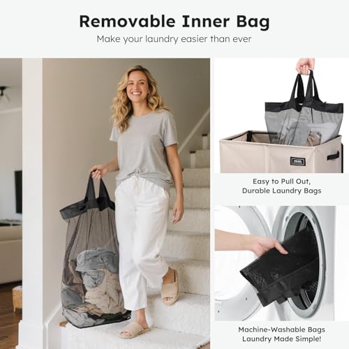 SOLEDI Double Laundry Hamper with Lid, 47.8 Gal (180L) Large Laundr Basket 2 Section with 2 Side Pockets, Dirty Clothes Hamper with Removable Bag, Easy to Carry for Laundry Room, Bedroom, Light taupe - Image 4