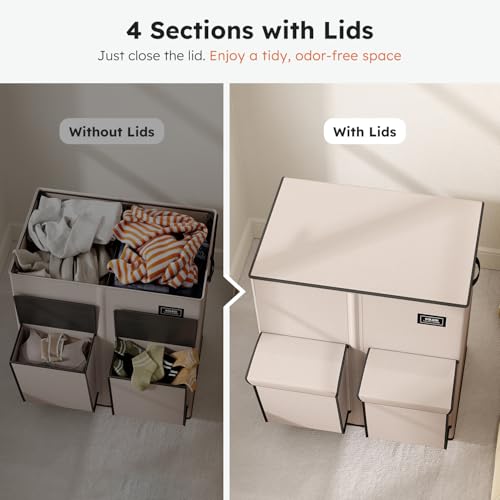 SOLEDI Double Laundry Hamper with Lid, 47.8 Gal (180L) Large Laundr Basket 2 Section with 2 Side Pockets, Dirty Clothes Hamper with Removable Bag, Easy to Carry for Laundry Room, Bedroom, Light taupe - Image 5