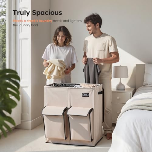 SOLEDI Double Laundry Hamper with Lid, 47.8 Gal (180L) Large Laundr Basket 2 Section with 2 Side Pockets, Dirty Clothes Hamper with Removable Bag, Easy to Carry for Laundry Room, Bedroom, Light taupe - Image 3