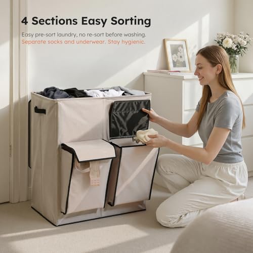 SOLEDI Double Laundry Hamper with Lid, 47.8 Gal (180L) Large Laundr Basket 2 Section with 2 Side Pockets, Dirty Clothes Hamper with Removable Bag, Easy to Carry for Laundry Room, Bedroom, Light taupe - Image 2