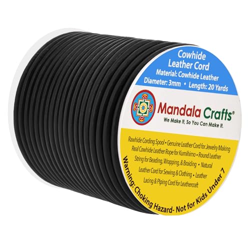 Mandala Crafts Round Cowhide Genuine Black Leather Cord for Jewelry Making Kumihimo Leather Rope Spool Black String Lace 20 Yds 3mm Cording - Image 1
