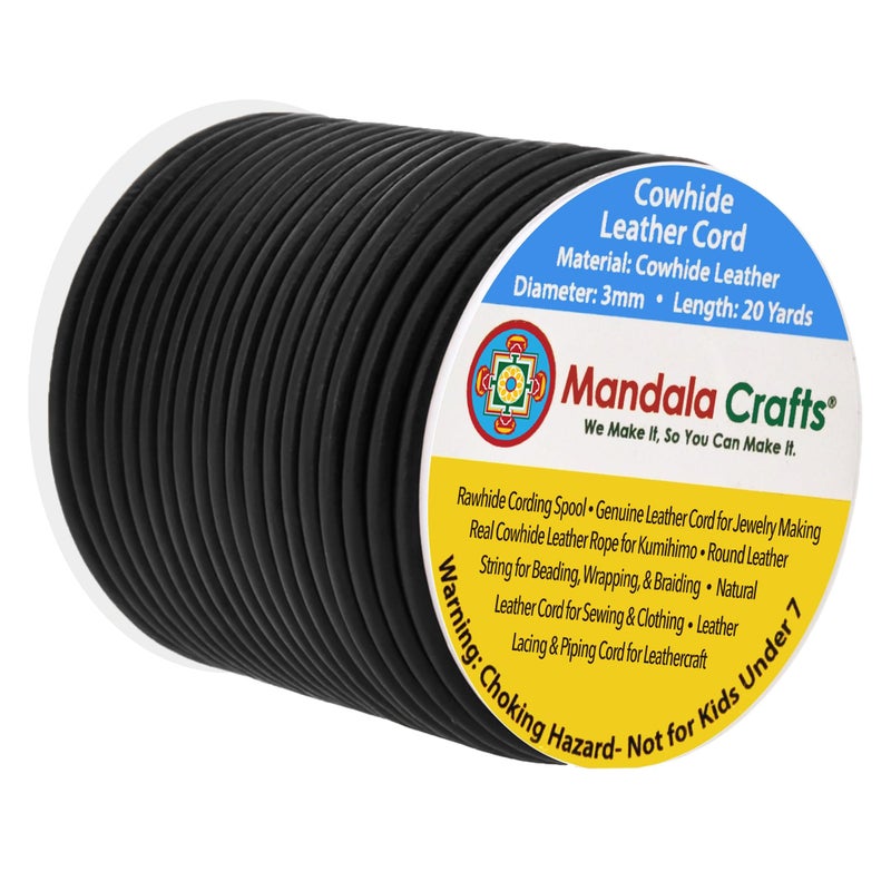 Mandala Crafts Round Cowhide Genuine Black Leather Cord for Jewelry Making Kumihimo Leather Rope Spool Black String Lace 20 Yds 3mm Cording - Image 3