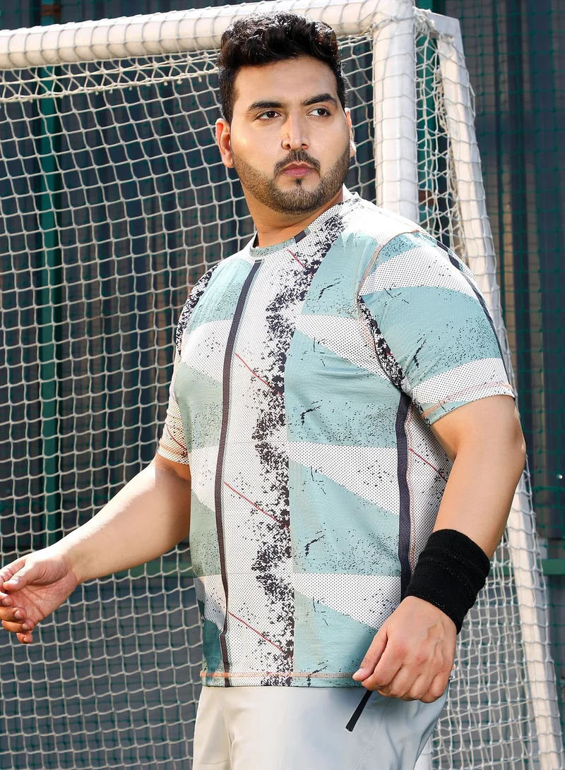 Instafab Plus  Men's Sage Green & Off-White Abstract-Geo Activewear T-Shirt for Men | Best Price UAE