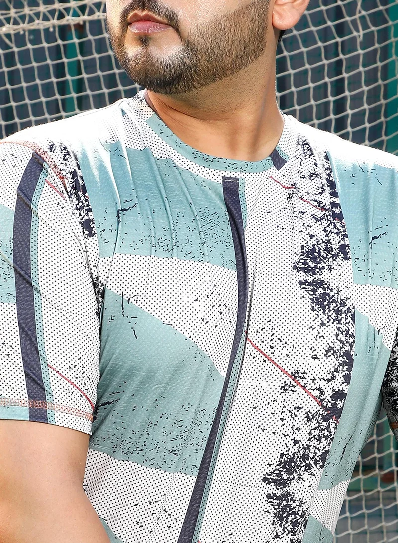 Instafab Plus  Men's Sage Green & Off-White Abstract-Geo Activewear T-Shirt for Men | Best Price UAE