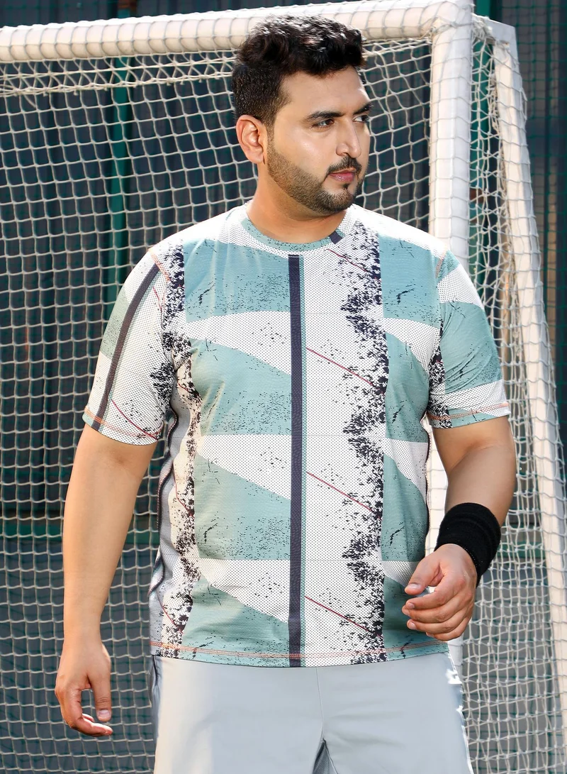 انستافاب بلس تيشيرت رجالي Instafab Plus أخضر مريمي وأوف وايت بنقش هندسي عصري للملابس الكاجوال | مقاس كبير | مريح للاستخدام اليومي