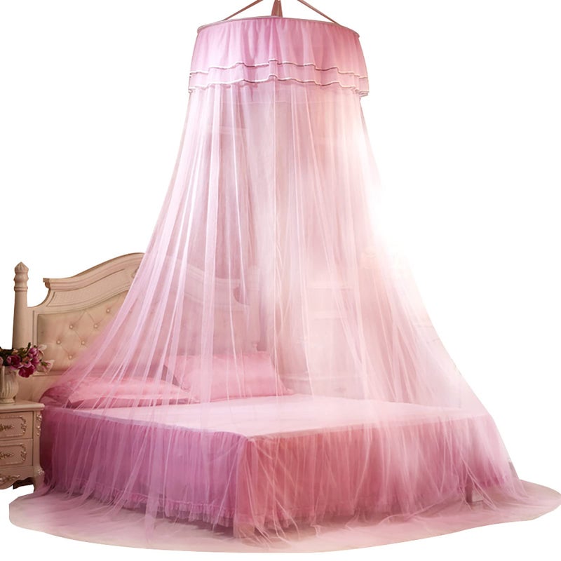 Pink Round Canopy Lace Princess Bed Curtain Netting Breathable Foldable Polyester - Image 2