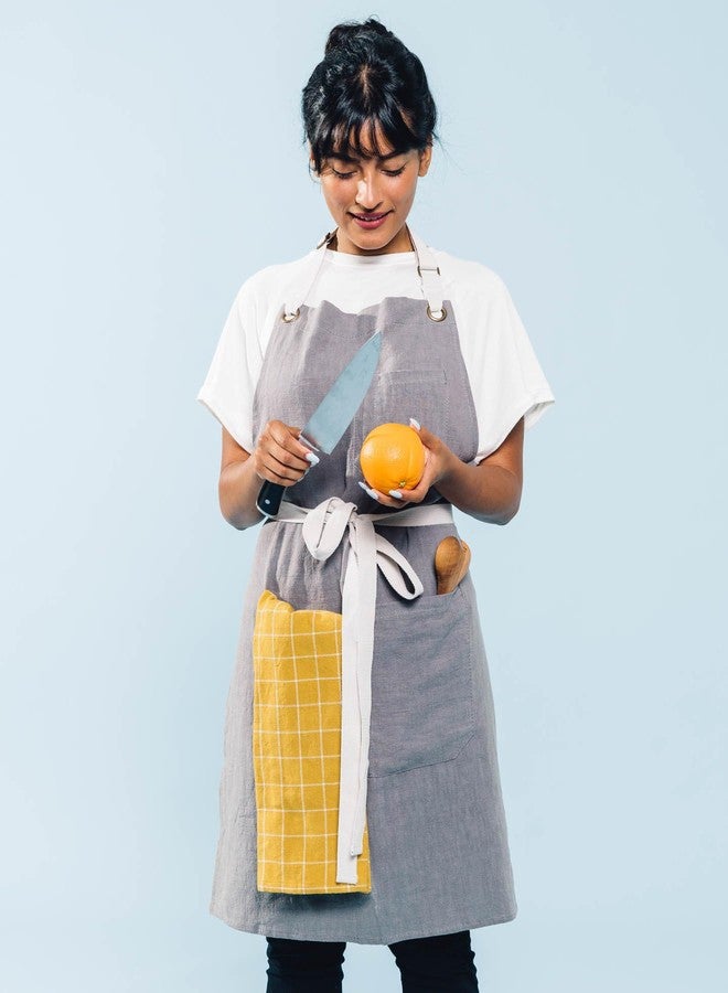 كالدو مريلة مطبخ من الكتان من كالدو - مريلة كتان للرجال والنساء - قابلة للتعديل مع جيوب - مستوحاة من الطهاة المحترفين (رمادي) - Image 4