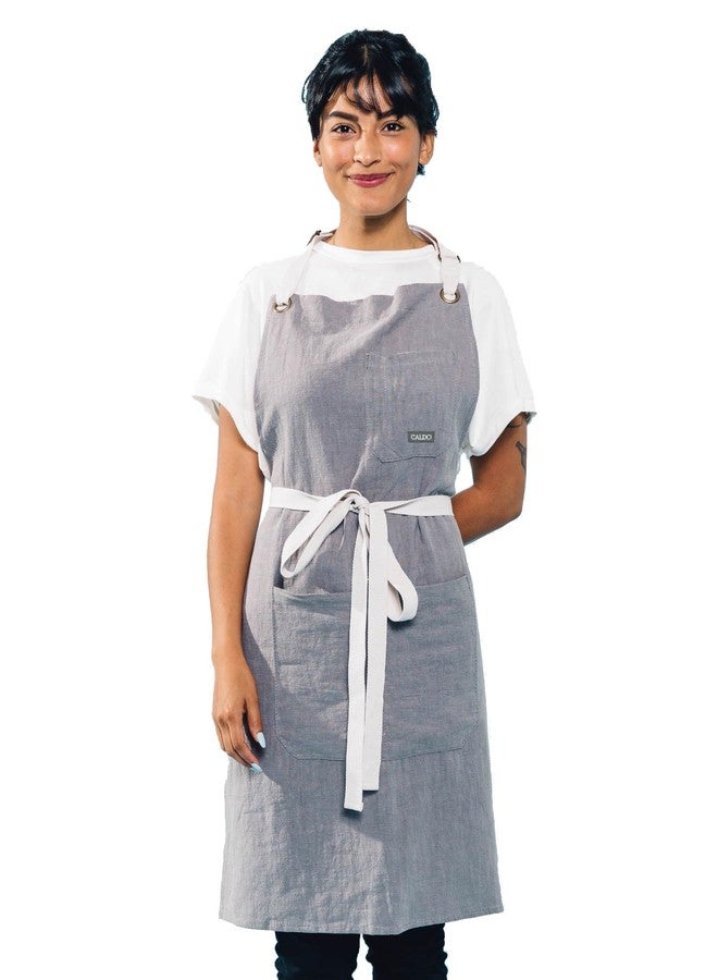 كالدو مريلة مطبخ من الكتان من كالدو - مريلة كتان للرجال والنساء - قابلة للتعديل مع جيوب - مستوحاة من الطهاة المحترفين (رمادي) - Image 1